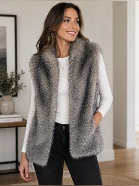Banana Republic Fur Vest Size Small Gray Cozy Chic